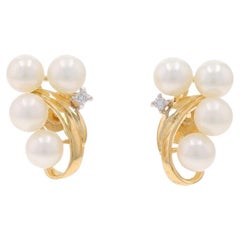 Yellow Gold Cultured Pearl Diamond Cluster Stud Earrings - 14k Pierced