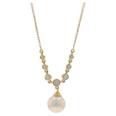 Yellow Gold Cultured Pearl & Diamond Drop Necklace - 14k .20ctw Adjustable
