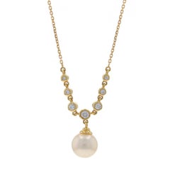 Yellow Gold Cultured Pearl & Diamond Drop Necklace - 14k .20ctw Adjustable
