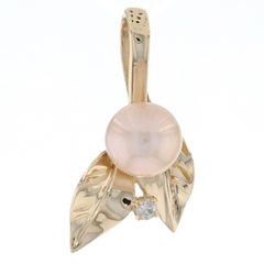 Yellow Gold Cultured Pearl & Diamond Etched Leaf Pendant, 14k Round Cut