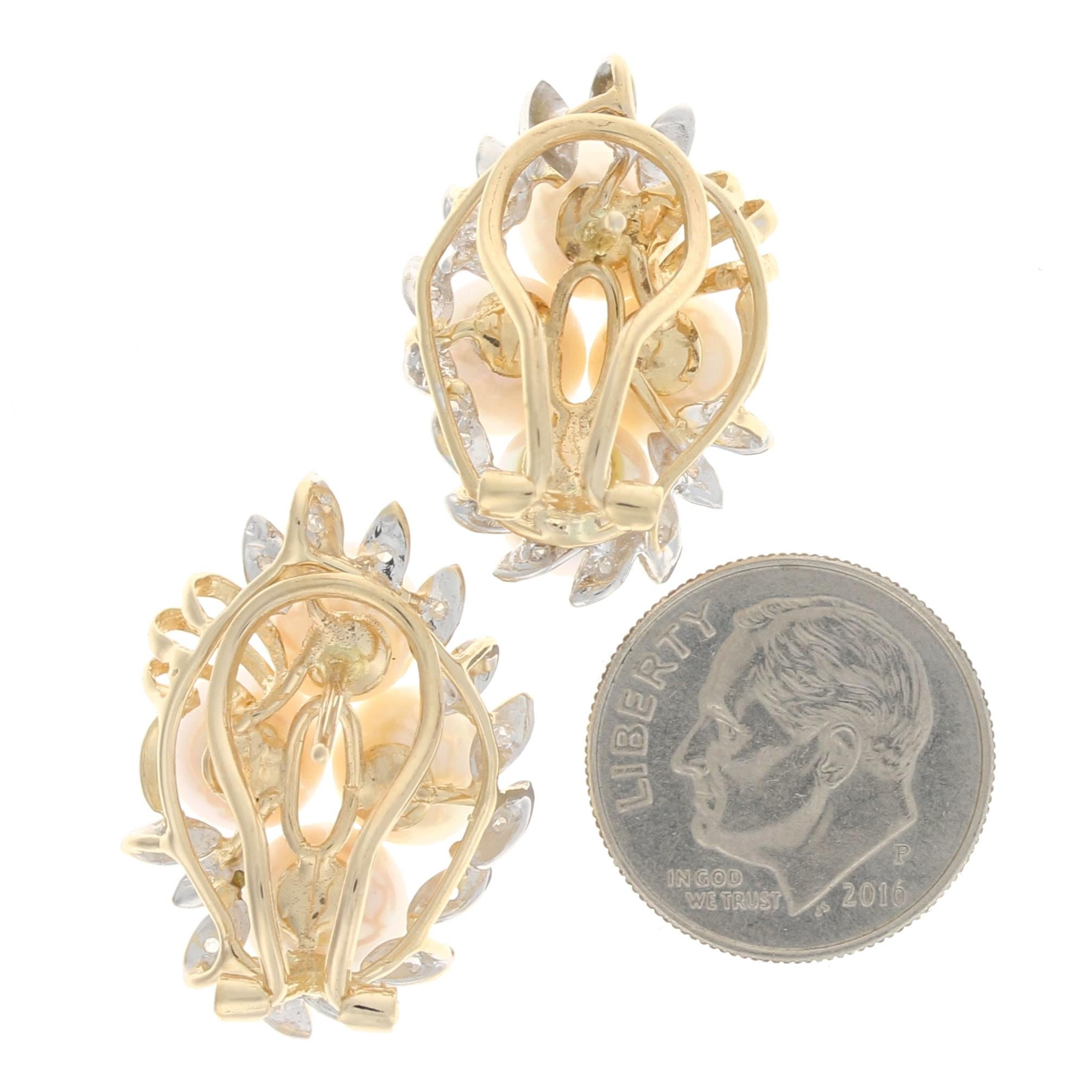 Gelbgold Zuchtperle & Diamant Floral große Ohrstecker 14k einzeln, 14ctw im Zustand „Hervorragend“ in Greensboro, NC