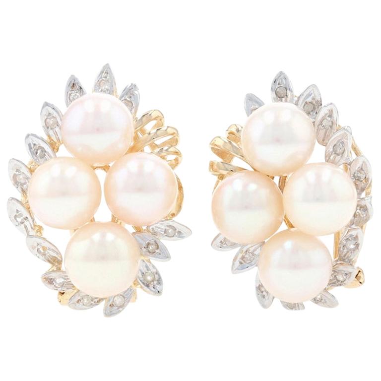 Yellow Gold Cultured Pearl & Diamond Floral Large Stud Earrings 14k Single.14ctw