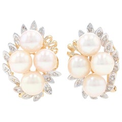 Gelbgold Zuchtperle & Diamant Floral große Ohrstecker 14k einzeln, 14ctw