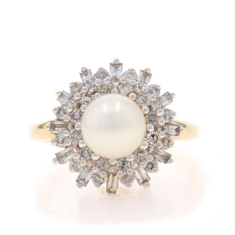 Size: 7
Sizing Fee: Up 2 1/2 sizes for $40 or Down 1 1/2 sizes for $40

Metal Content: 14k Yellow Gold & 14k White Gold

Stone Information
Cultured Pearl
Color: White
Size: 7.5mm

Natural Diamonds
Carat(s): .60ctw
Cut: Round Brilliant &
