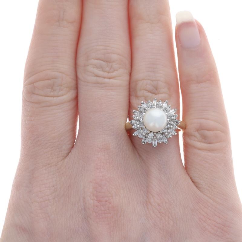 Round Cut Yellow Gold Cultured Pearl & Diamond Halo Ring - 14k .60ctw For Sale