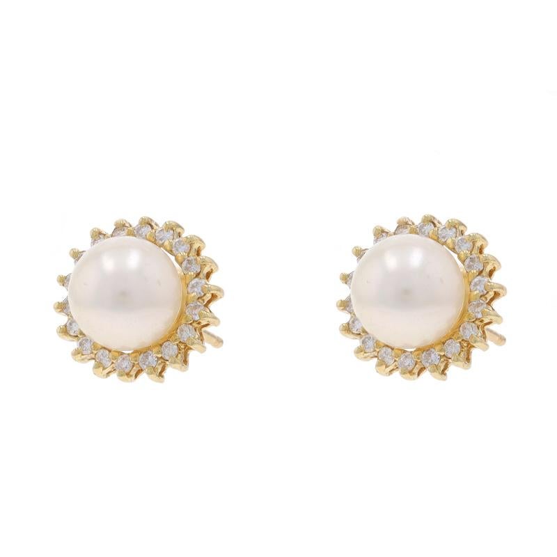 Bead Yellow Gold Cultured Pearl Diamond Halo Stud Earrings - 14k .18ctw Pierced For Sale