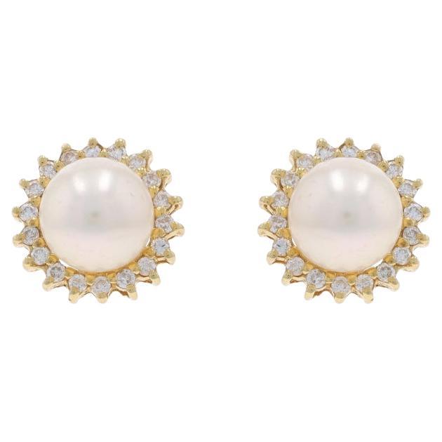 Yellow Gold Cultured Pearl Diamond Halo Stud Earrings - 14k .18ctw Pierced For Sale