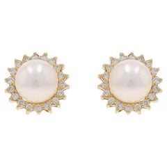 Yellow Gold Cultured Pearl Diamond Halo Stud Earrings - 14k .18ctw Pierced