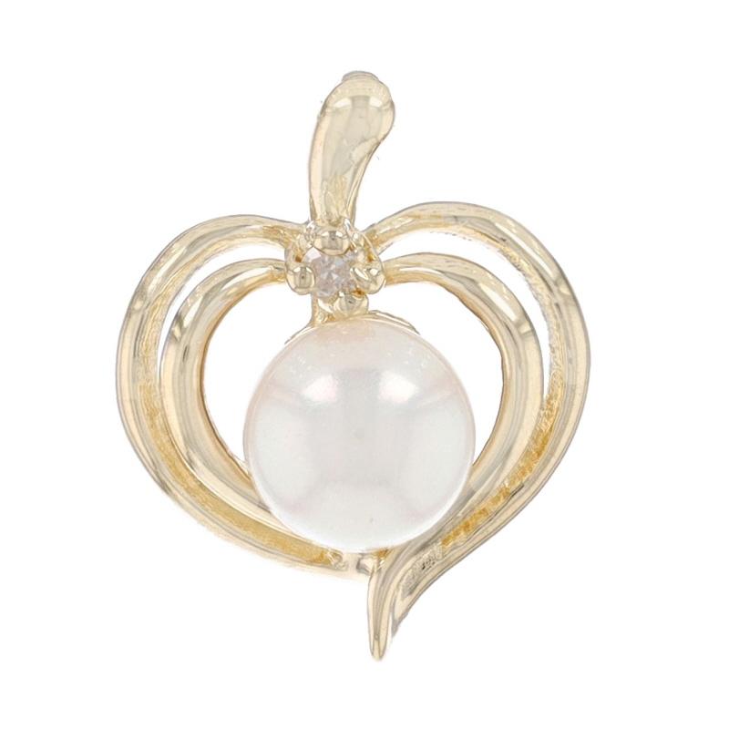 Metal Content: 14k Yellow Gold

Stone Information
Cultured Pearl
Diameter: 5.6mm

Natural Diamond
Cut: Single
Stone Note: (one small accent)

Theme: Heart Leaf, Love

Measurements

Tall (from stationary bail): 19/32