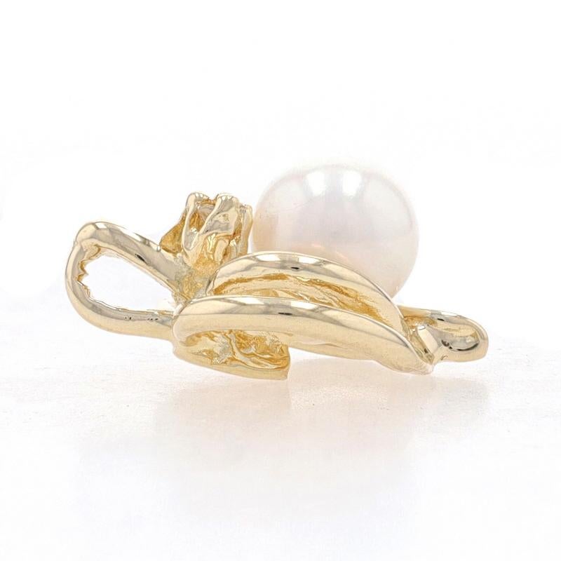 Single Cut Yellow Gold Cultured Pearl & Diamond Heart Leaf Pendant - 14k Love For Sale
