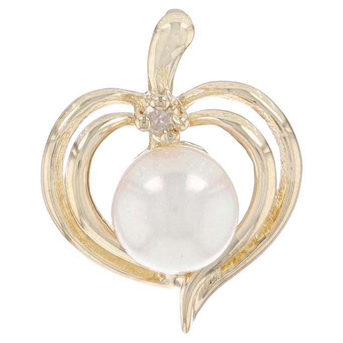 Yellow Gold Cultured Pearl & Diamond Heart Leaf Pendant - 14k Love For Sale