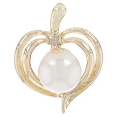 Yellow Gold Cultured Pearl & Diamond Heart Leaf Pendant - 14k Love