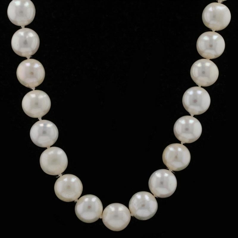Metal Content: 18k Yellow Gold & 18k White Gold

Stone Information

 Cultured Pearls

Size: 9.7mm - 10.1mm

Natural Diamonds
Carat(s): .72ctw
Cut: Round Brilliant
Color: F - G

Total Carats: .72ctw

Style: Knotted Strand

Measurements

Length: 17