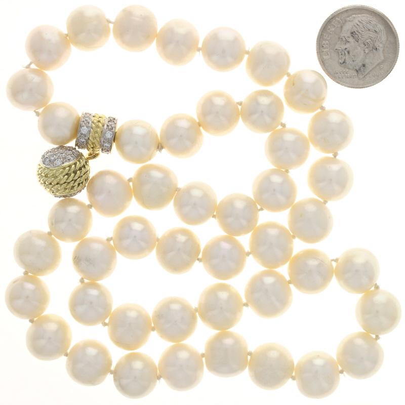 Women's or Men's Yellow Gold Cultured Pearl & Diamond Knotted Strand Necklace 18 1/2