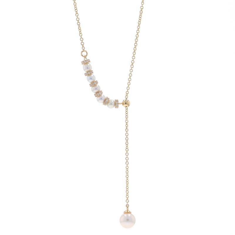 Metal Content: 14k Yellow Gold

Stone Information
Cultured Pearls
Color: White
Size: 3.3mm & 5.9mm

Natural Diamonds
Carat(s): .15ctw
Cut: Single
Color: G
Clarity: VS1 - VS2

Total Carats: .15ctw

Style: Adjustable Lariat
Chain Style: