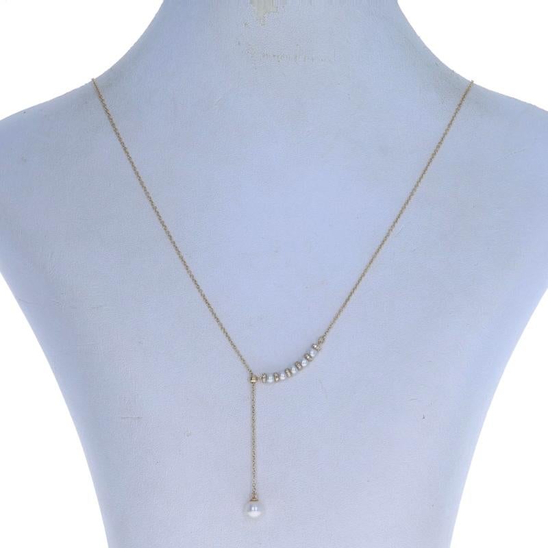 Single Cut Yellow Gold Cultured Pearl & Diamond Necklace - 14k .15ctw Adjustable For Sale