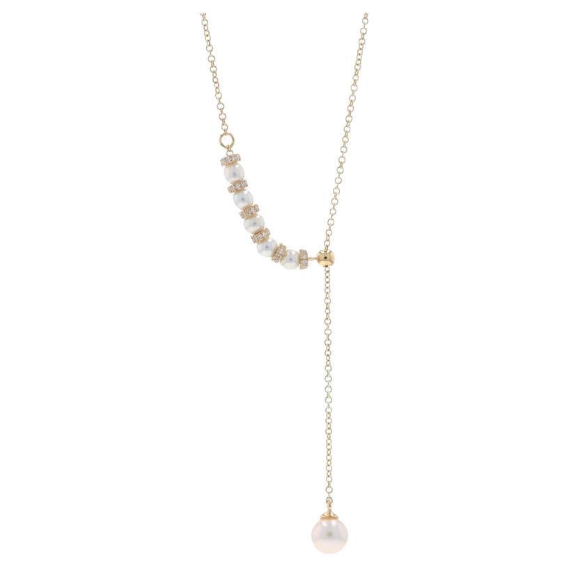 Yellow Gold Cultured Pearl & Diamond Necklace - 14k .15ctw Adjustable For Sale