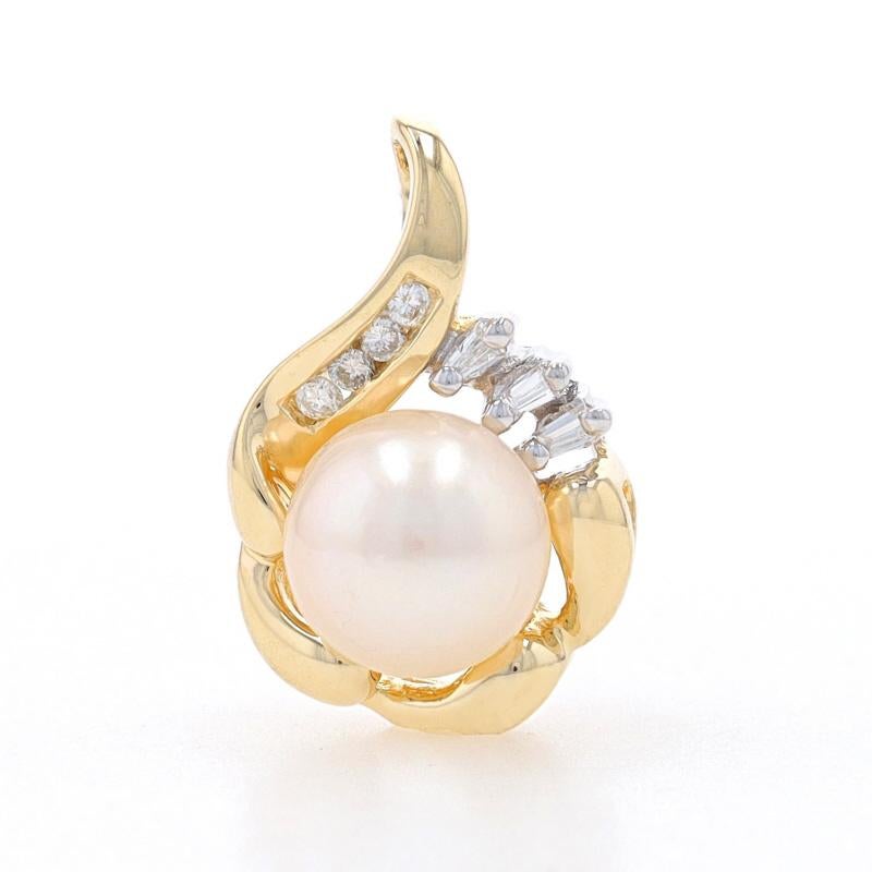 Metal Content: 14k Yellow Gold & 14k White Gold

Stone Information

Cultured Pearl
Size: 7.2mm

Natural Diamonds
Carat(s): .07ctw
Cut: Round Brilliant & Baguette
Color: G - H
Clarity: VS2 - SI1

Theme: Floral

Measurements

Tall (from stationary