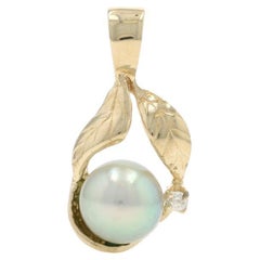 Yellow Gold Cultured Pearl Diamond Pendant - 14k Leaf Duo