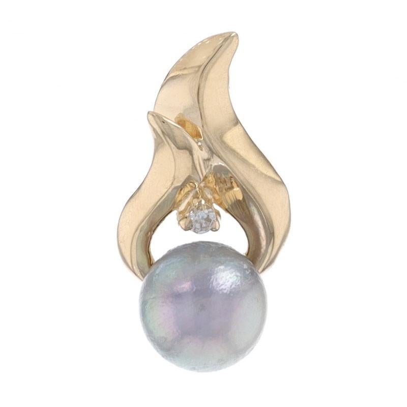Metal Content: 14k Yellow Gold

Stone Information

Cultured Pearl
Color: Grey

Natural Diamond
Carat: .01ct
Cut: Round Brilliant
Color: G
Clarity: I1

Theme: Teardrop Wave

Measurements

Tall: 11/16