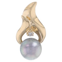 Yellow Gold Cultured Pearl Diamond Pendant - 14k Teardrop Wave