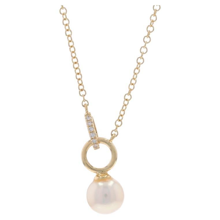 Yellow Gold Cultured Pearl Diamond Pendant Necklace 14k Adjustable