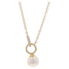 Collar Colgante Diamante Perla Cultivada Oro Amarillo 14k Ajustable