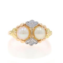 Yellow Gold Cultured Pearl & Diamond Ring - 10k Two-Stone Milgrain Sz 5 1/2