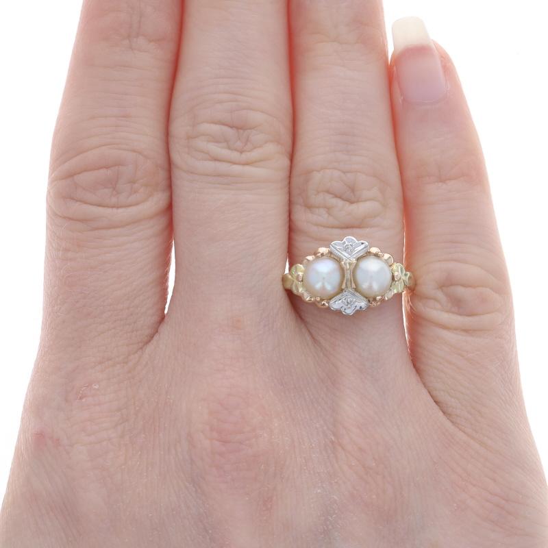 Bead Yellow Gold Cultured Pearl & Diamond Ring - 10k Two-Stone Milgrain Sz 5 1/2 For Sale
