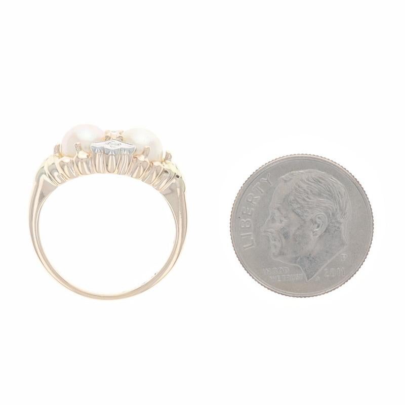 Yellow Gold Cultured Pearl & Diamond Ring - 10k Two-Stone Milgrain Sz 5 1/2 For Sale 1
