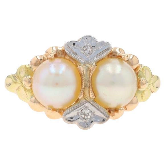 Yellow Gold Cultured Pearl & Diamond Ring - 10k Two-Stone Milgrain Sz 5 1/2