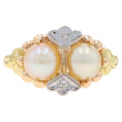 Bague à deux pierres en or jaune 10 carats, perle de culture et diamants, taille 5 1/2