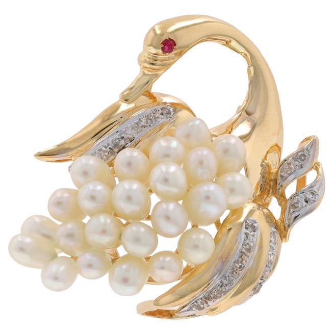 Yellow Gold Cultured Pearl Diamond Ruby Swan Brooch/Pendant -14k .18ctw Bird Pin