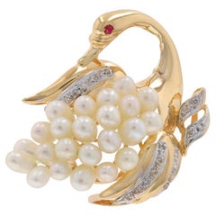 Yellow Gold Cultured Pearl Diamond Ruby Swan Brooch/Pendant -14k .18ctw Bird Pin
