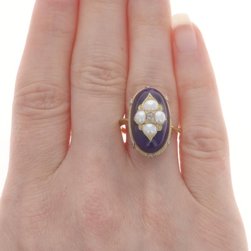Old Mine Cut Yellow Gold Cultured Pearl & Diamond Victorian Cluster Bypass Ring 18k Antique For Sale
