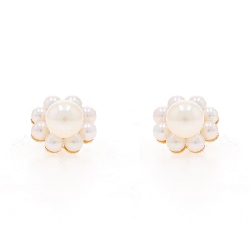 Metal Content: 14k Yellow Gold

Stone Information
Cultured Pearls
Size: 3.1mm-3.4mm & 6.5mm

Style: Studs w/ Halo Jacket Enhancers
Fastening Type: Butterfly Closures

Measurements

Item 1: Without Enhancers
Diameter: 9/32