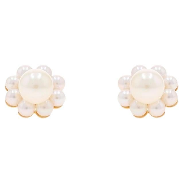 Yellow Gold Cultured Pearl Earrings - 14k Studs w/ Halo Jacket Enhancers For Sale