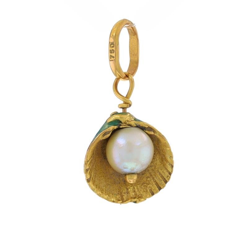 Metal Content: 18k Yellow Gold

Stone Information
Cultured Pearl
Color: Cream
Size: 5.8mm

Material Information
Enamel
Color: White, Red, & Bluish Green

Theme: Seashell, Ocean Beach

Measurements
Tall (from stationary bail): 5/8