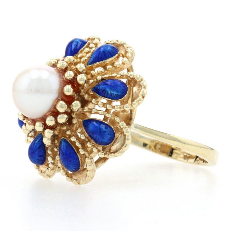 Bead Yellow Gold Cultured Pearl & Enamel Vintage Flower Halo Ring, 14k Milgrain