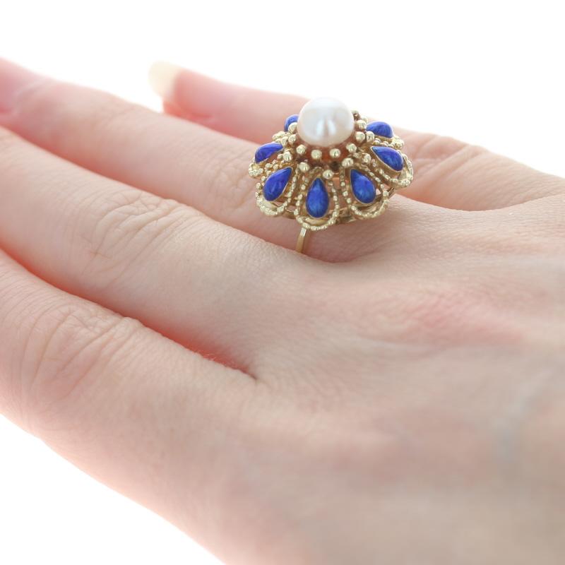 Yellow Gold Cultured Pearl & Enamel Vintage Flower Halo Ring, 14k Milgrain In Excellent Condition In Greensboro, NC