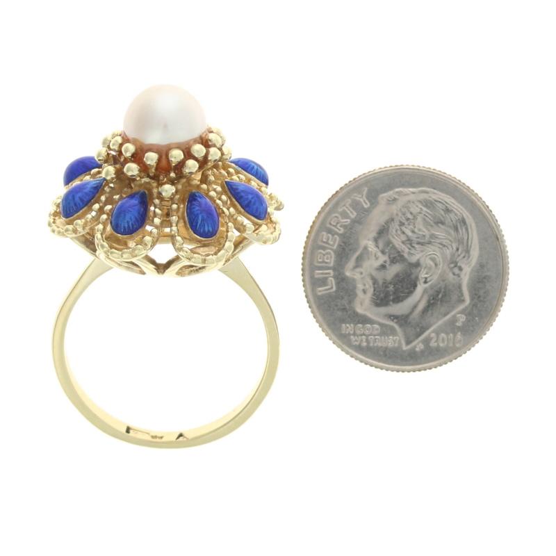 Women's Yellow Gold Cultured Pearl & Enamel Vintage Flower Halo Ring, 14k Milgrain