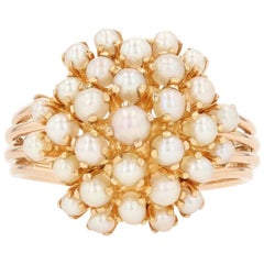 Yellow Gold Cultured Pearl Floral Cluster Cocktail Ring, 18 Karat