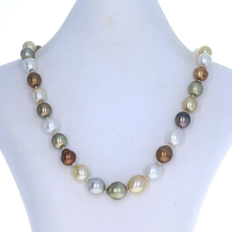 Metal Content: 14k Yellow Gold

Stone Information
Cultured Pearls
Treatment: Dyed
Color: Grey, Brown, Copper, Green, Gold, & White
Size: 11mm - 14mm

Style: Graduated Knotted Strand
Fastening Type: Tab Clasp with Safety Bar

Measurements
Length: 18