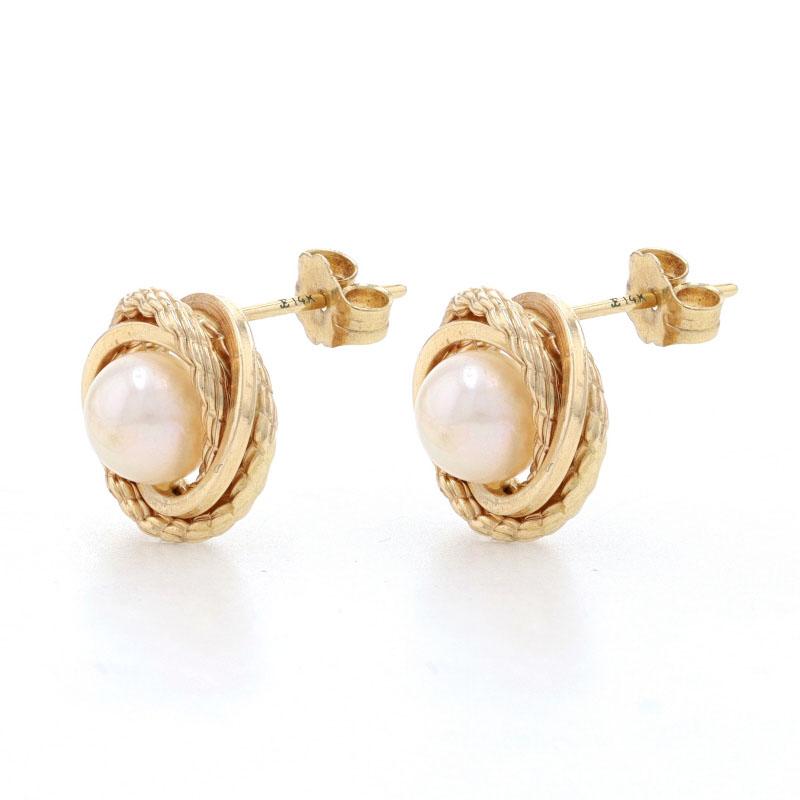 Bead Yellow Gold Cultured Pearl Intertwined Circle Stud Earrings - 14k Pierced For Sale