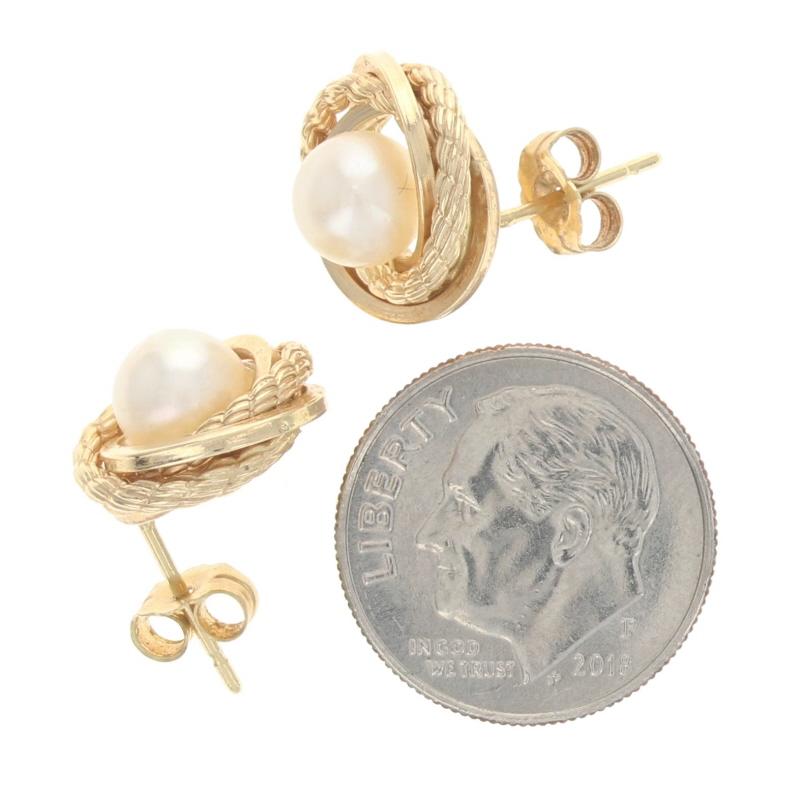 Yellow Gold Cultured Pearl Intertwined Circle Stud Earrings - 14k Pierced In Excellent Condition For Sale In Greensboro, NC