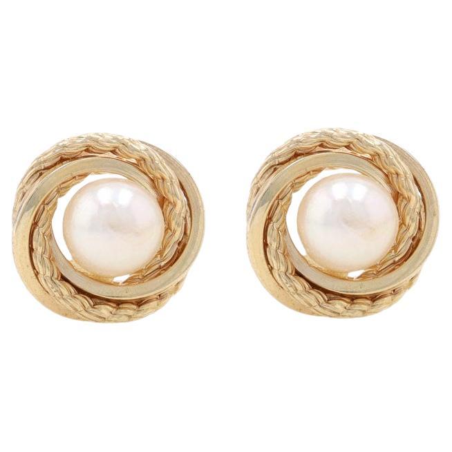 Yellow Gold Cultured Pearl Intertwined Circle Stud Earrings - 14k Pierced For Sale