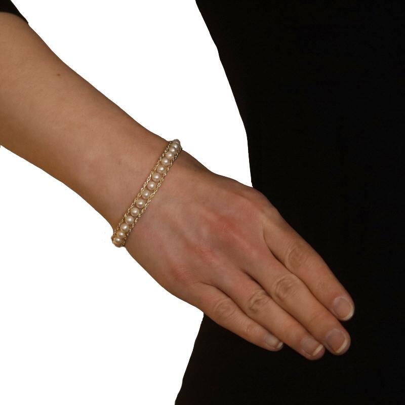 Bead Yellow Gold Cultured Pearl Link Bracelet 7 1/4