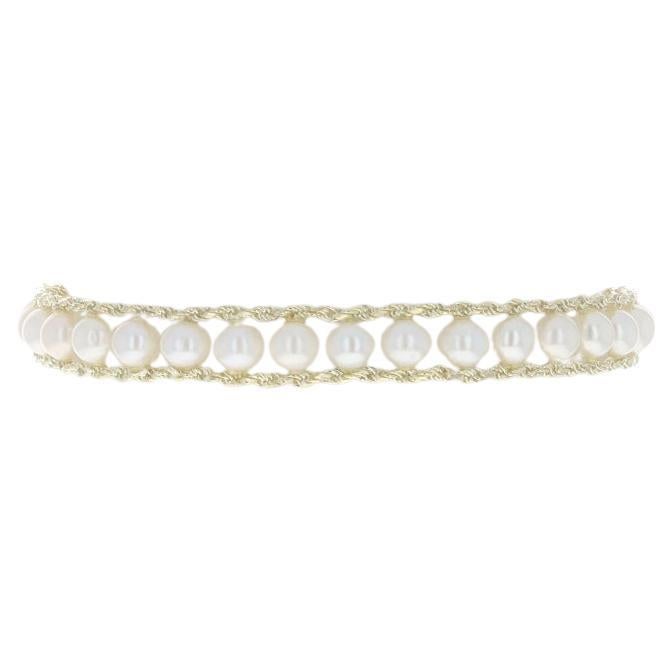 Yellow Gold Cultured Pearl Link Bracelet 7 1/4" - 14k Diamond Cut Rope Chain For Sale