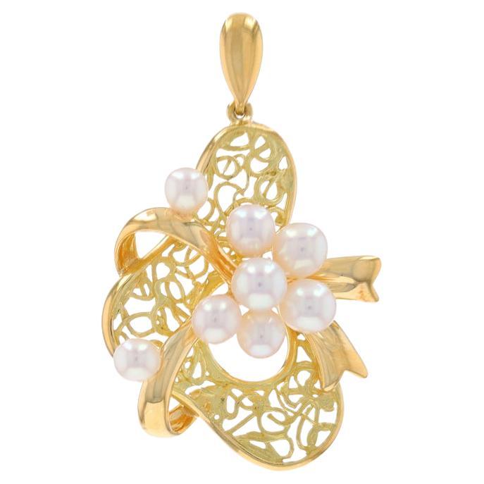 Yellow Gold Cultured Pearl Ribbon Lace Cluster Pendant - 18k