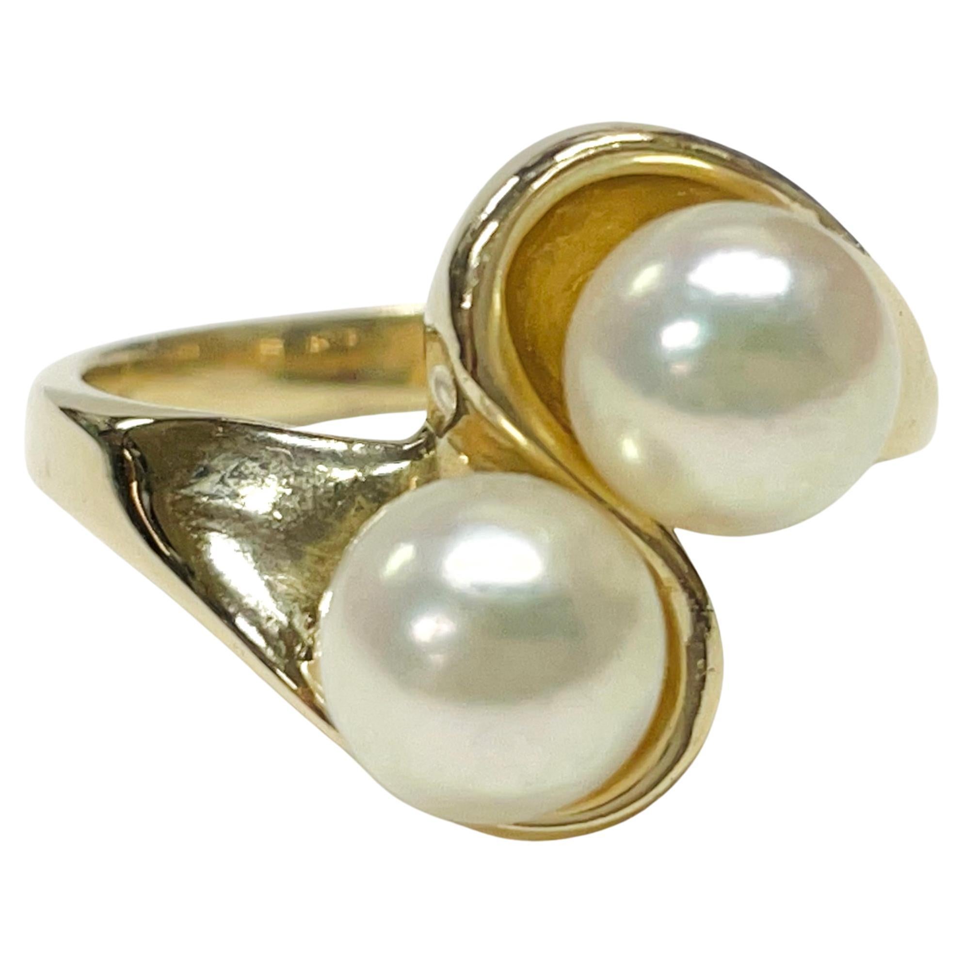 Yellow Gold Cultured Pearl Ring For Sale